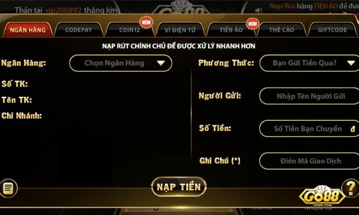 Có nhiều phương thức nạp tiền Go88 linh hoạt cho người chơi lựa chọn