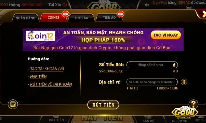 Rút tiền Go88 bằng Coin12