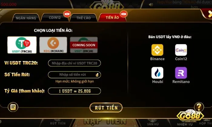 Rút tiền Go88 bằng tiền ảo